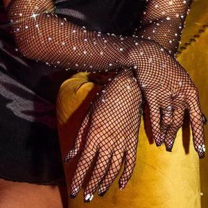 Black Rhinestone Décor Elbow Fishnet Gloves